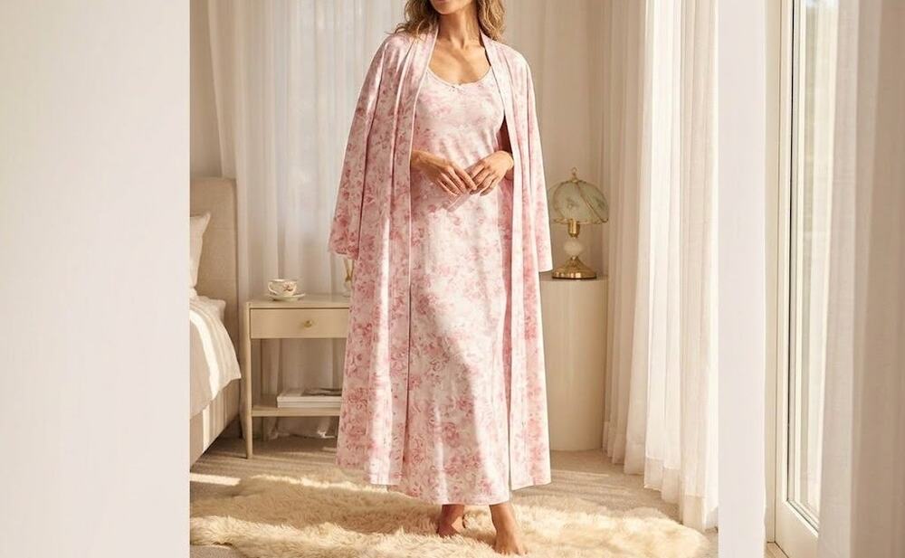 Anne Lewin Women’s 100% Cotton Knit Floral Pink Gown And Robe Set L